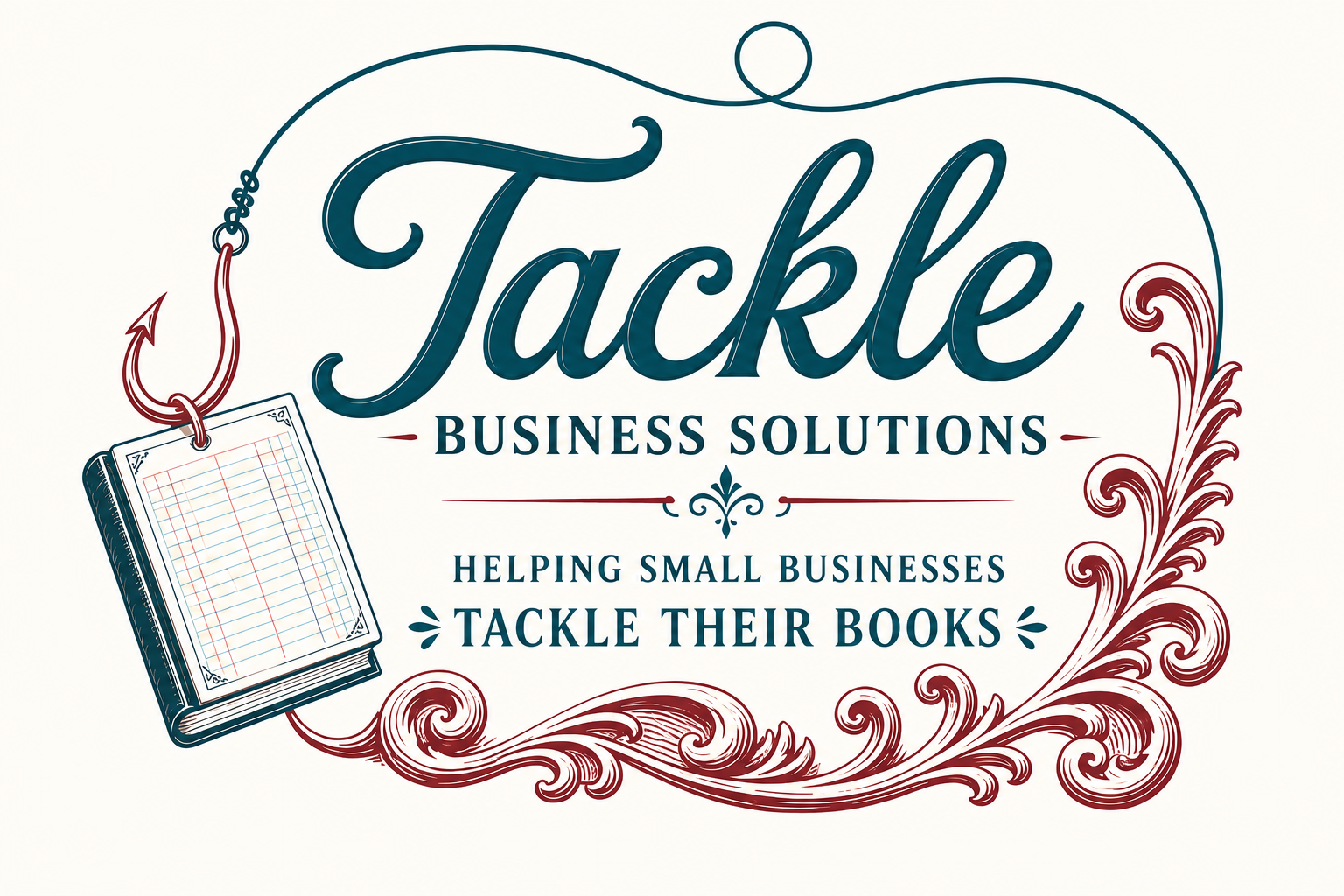 Tackle Business Solutions logo with a fishing hook, accounting ledger, and burgundy flourishes